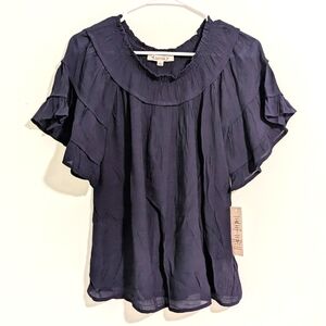 NWT Nanette Lepore Women's Navy Blue Ruffle Flutter Sleeve Cold Shoulder Blouse
